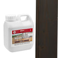 A 1L container of Sensio Home wood stain in Dark Oak color, alongside a vertically positioned wooden surface showcasing the stained finish.