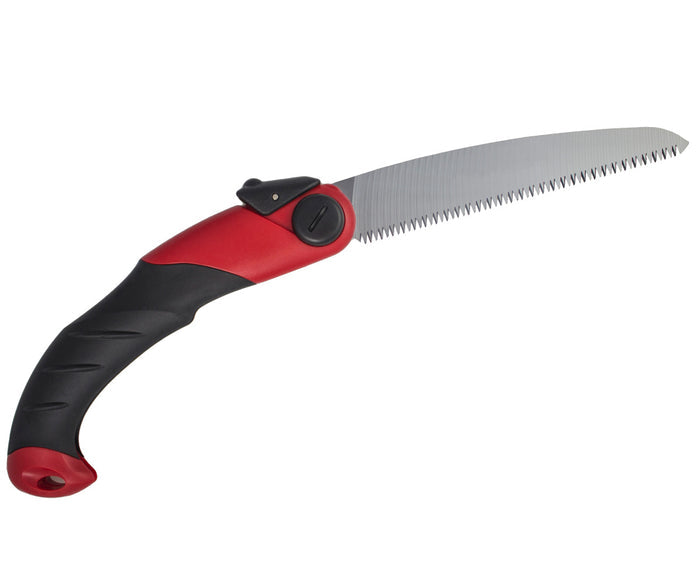 Sabretooth folding saw with curved sabre-tooth blade, locking mechanism and ergonomic rubber handle for pruning branches