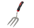 Garden hand fork with wooden handle and three steel tines for planting, weeding and soil cultivation