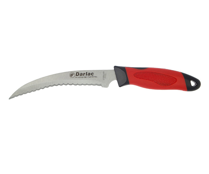 Stainless steel harvest knife with wooden handle and curved blade for cutting herbs, vegetables and garden stems