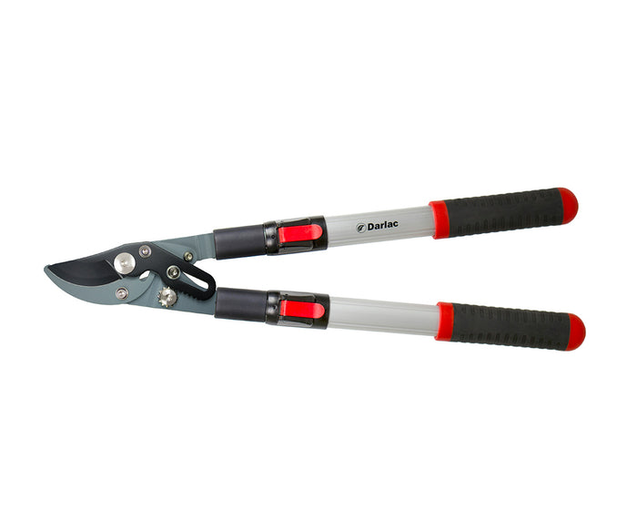Bypass lopper with long red handles and hardened steel blades for pruning garden branches