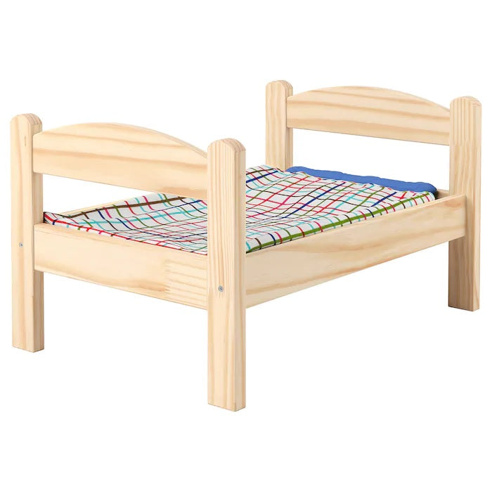DUKTIG Doll's bed with bedlinen set, Pine/multicolour