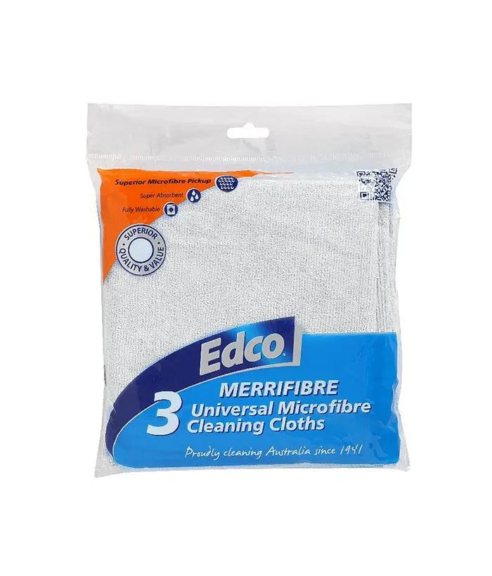Edco 3-pack of Merrifibre universal microfibre cleaning cloths in a clear plastic hanging bag with blue and orange branding.