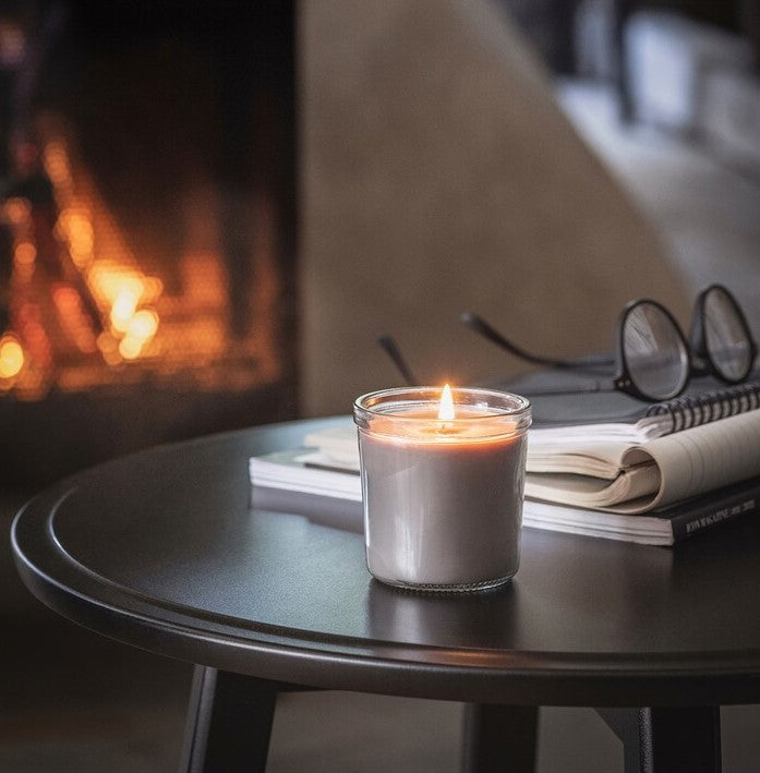 ENSTAKA Scented candle in glass, Bonfire/grey, 20hr