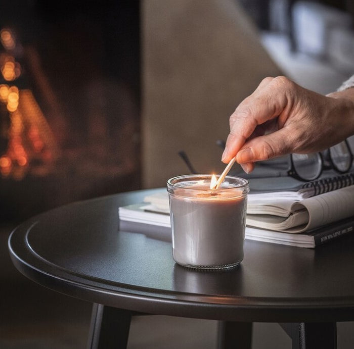 ENSTAKA Scented candle in glass, Bonfire/grey, 20hr