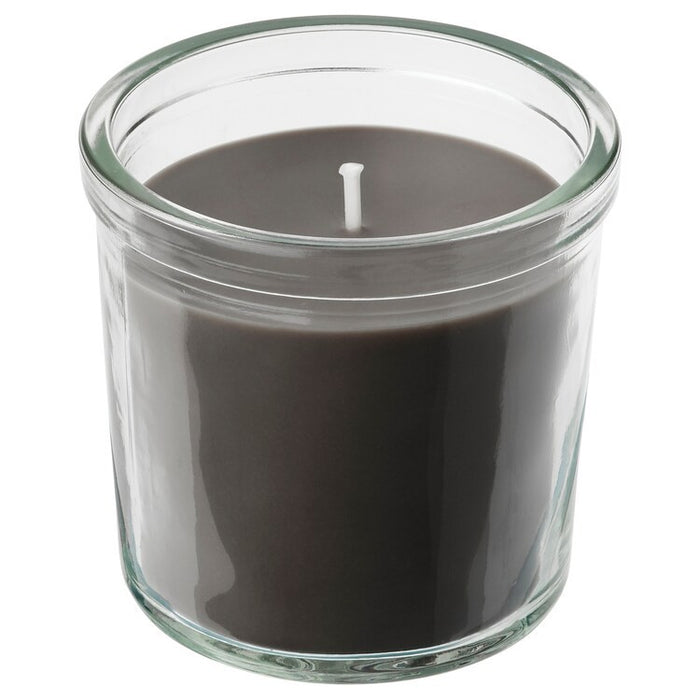 ENSTAKA Scented candle in glass, Bonfire/grey, 20hr