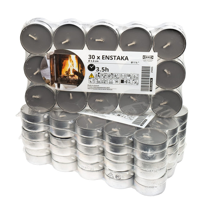 ENSTAKA Scented tealight, Bonfire/grey, 3.5hr, 30pcs