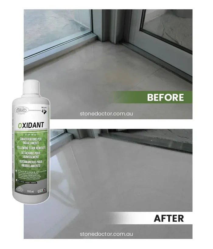 Before and after comparison of a stone surface with a bottle of oxidant cleaner.