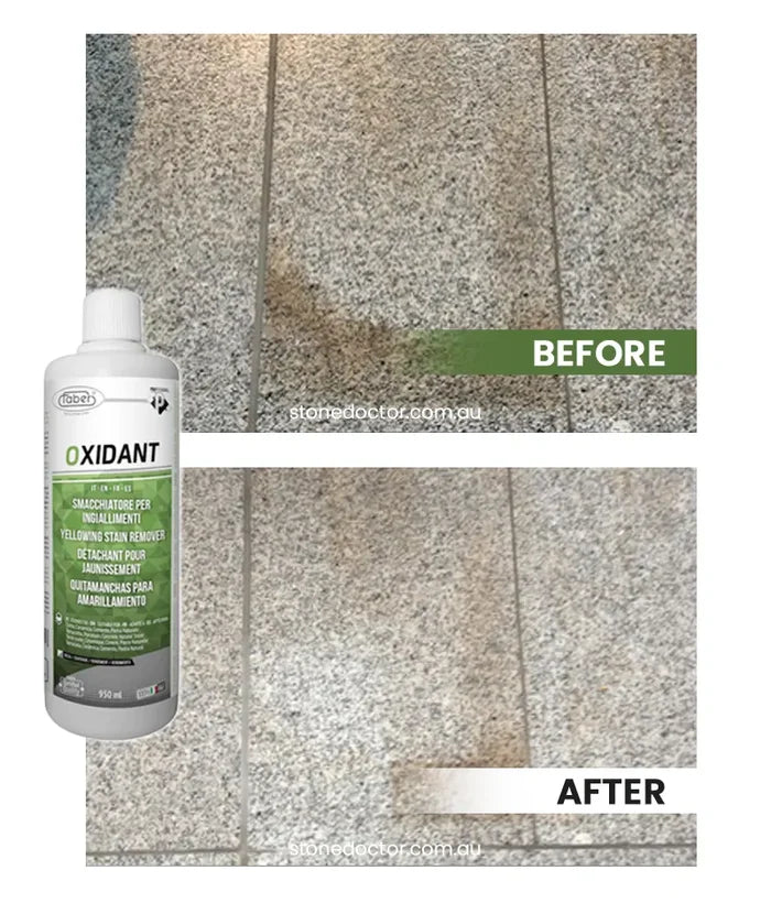 Oxidant bottle with 'Before' and 'After' comparison of a stained surface.