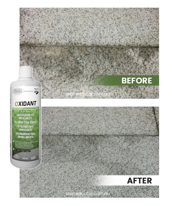 Oxidant treatment for stone before and after application on a granite surface.