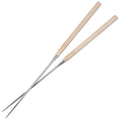 Two metal skewers with wooden handles on a white background