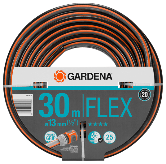 Flex30 30m flexible garden hose coiled for watering plants and lawns