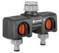 Two-way garden tap connector hose splitter with two hose outlets and individual control valves