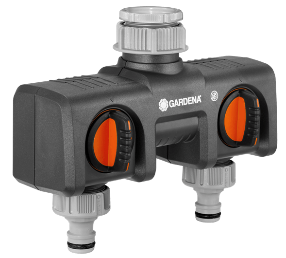 Two-way garden tap connector hose splitter with two hose outlets and individual control valves