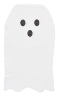 The Sophistiplate Ghost Guest Towel Boo Treats/16 pkg features white towels shaped like ghosts with black eyes and mouth. Their scalloped edges add a festive vibe—ideal for Halloween party napkins and spooky celebrations.