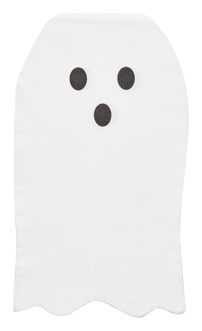 The Sophistiplate Ghost Guest Towel Boo Treats/16 pkg features white towels shaped like ghosts with black eyes and mouth. Their scalloped edges add a festive vibe—ideal for Halloween party napkins and spooky celebrations.