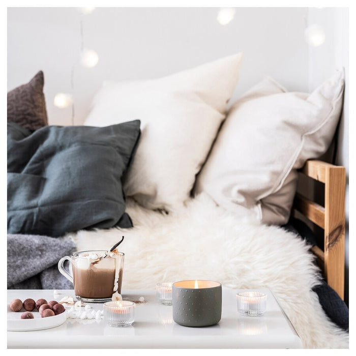 GLASBJORK Scented candle in ceramic jar, Cedarwood & vanilla/pale grey-green, 25hr