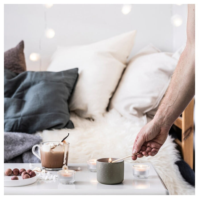 GLASBJORK Scented candle in ceramic jar, Cedarwood & vanilla/pale grey-green, 25hr