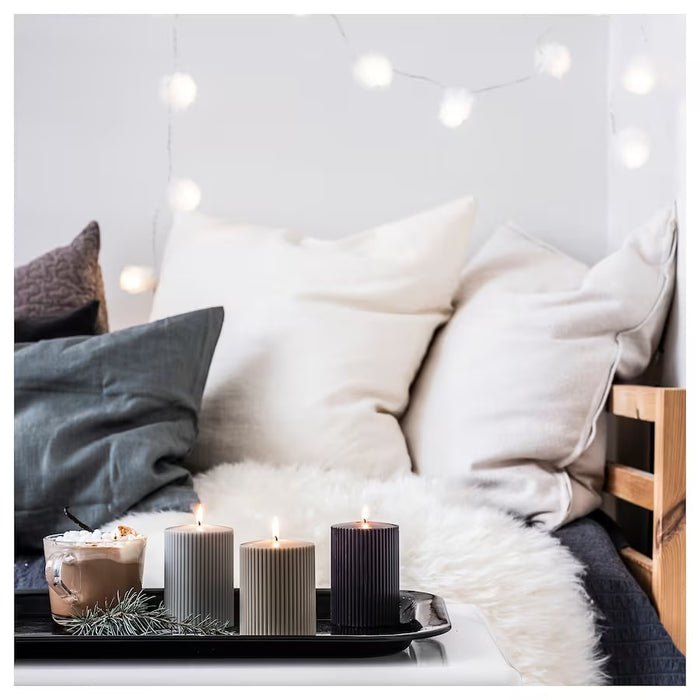GLASBJORK Scented pillar candle, Cedarwood &  vanilla/green/grey anthracite, 30hr