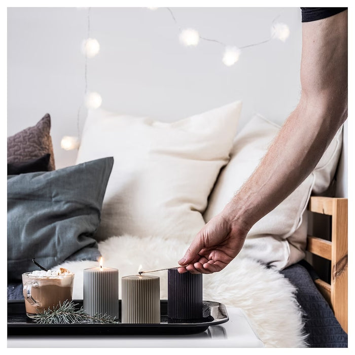 GLASBJORK Scented pillar candle, Cedarwood &  vanilla/green/grey anthracite, 30hr