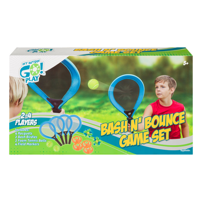The GO! Play Bash N Bounce Game Set by GO! Play offers outdoor fun, featuring 4 rackets, 2 bash birdies, 2 foam tennis balls, and 4 field markers—perfect for kids eager to play this exciting paddle game.
