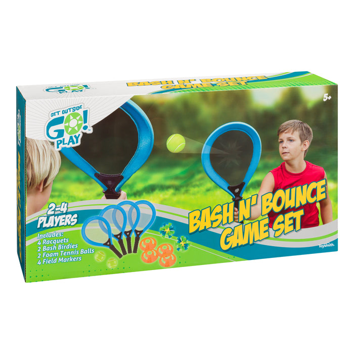 A boxed GO! Play Promo set ($1,071.60 retail value) by GO! Play, perfect for backyard fun with blue rackets and balls. Includes 2 rackets, 2 bash birdies, 2 foam balls, 4 field markers; for ages 5+, 2–4 players. Packaging shows a boy playing outdoors.