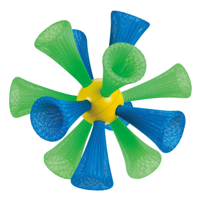 A yellow ball with eight mesh cone-shaped tubes (four green, four blue) radiates symmetrically on a white background—perfect for outdoor fun with the GO! Play Bash N Bounce Game Set from GO! Play.