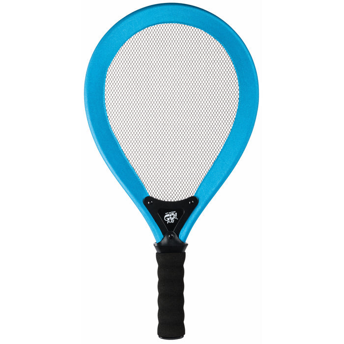 The GO! Play Bash N Bounce Game Set by GO! Play features a large paddle with a blue frame, black handle, and mesh center—perfect for outdoor fun and classic paddle games like paddle ball or beach tennis.