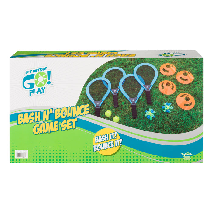 The GO! Play Bash N Bounce Game Set by GO! Play is an outdoor paddle game that includes three blue rackets, three green balls, and four orange paddles, with “Bash It! Bounce It!” displayed on the box.