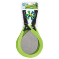 The GO! Play Bashminton set by GO! Play includes two green rackets with black handles and mesh centers, plus two colorful shuttlecocks, all in a clear bag with a top label—perfect for fun backyard paddle games!.