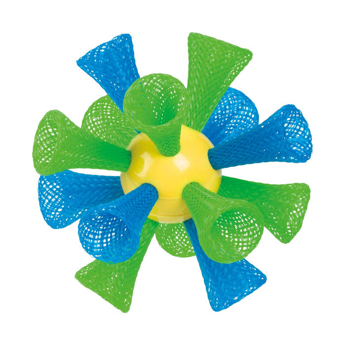 The GO! Play Bashminton by GO! Play is a yellow plastic ball with blue and green mesh cone-shaped tubes sticking out in all directions, resembling a fun spiky toy, perfect for backyard play and shown on a white background.