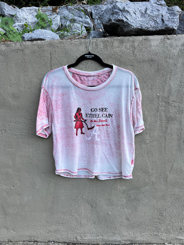 Go See Ethel Cain or the Devil Will Get You - AL Football Faded red semi-sheer T-shirt