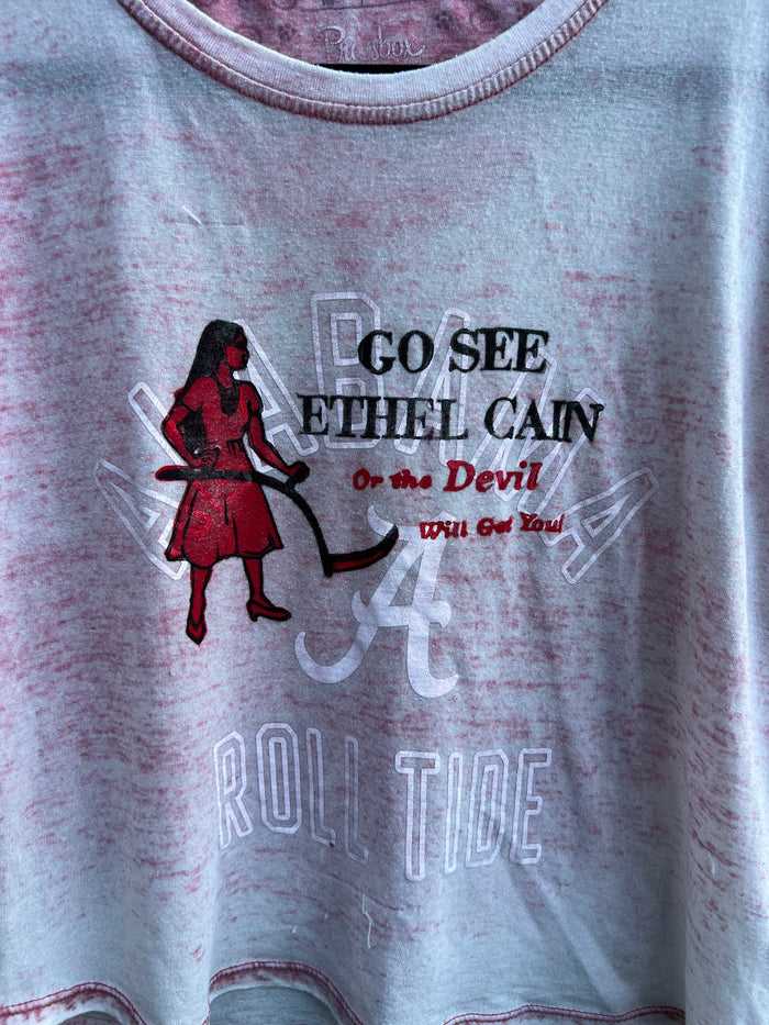 Go See Ethel Cain or the Devil Will Get You - AL Football Faded red semi-sheer T-shirt