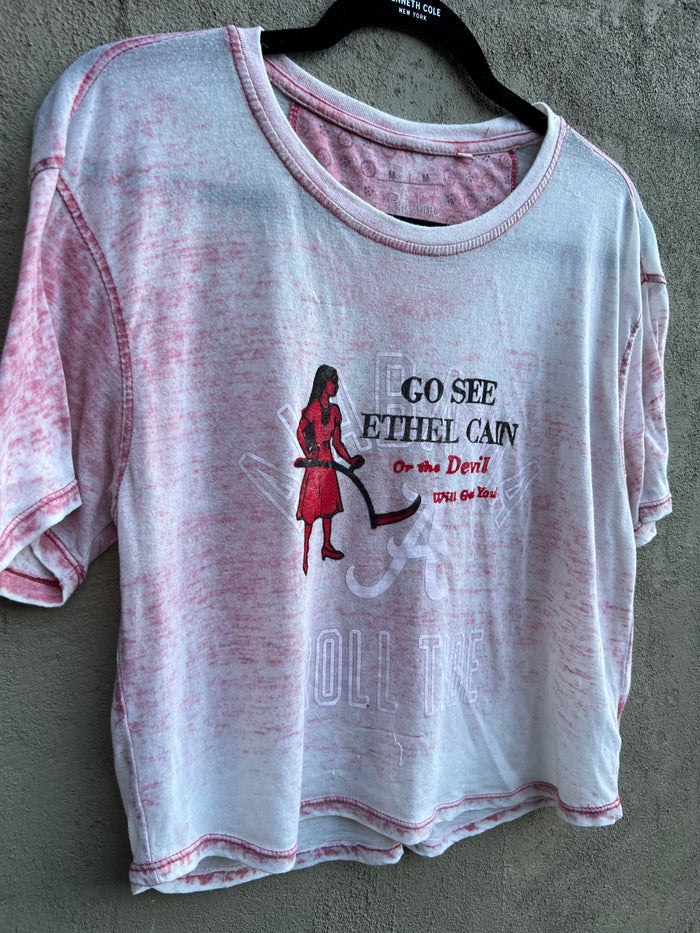 Go See Ethel Cain or the Devil Will Get You - AL Football Faded red semi-sheer T-shirt