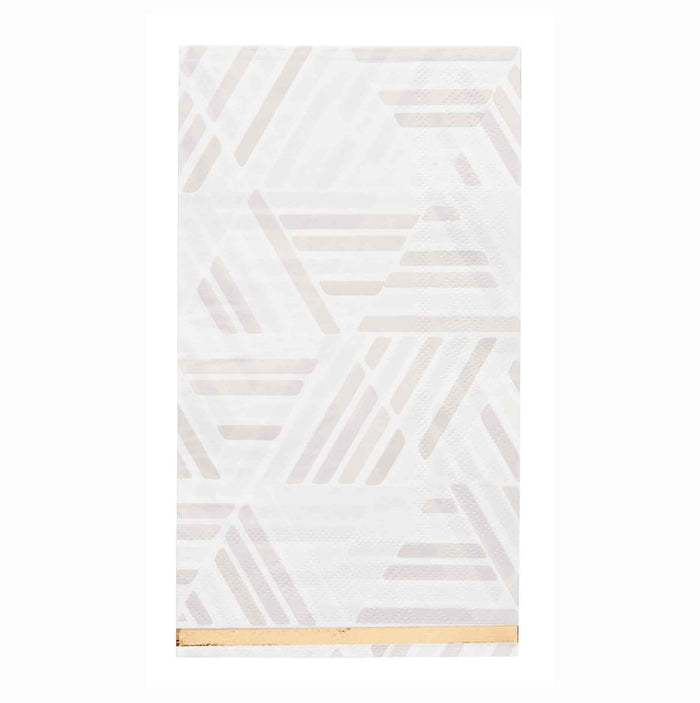 Sophistiplate’s Golden Apple Guest Towels (20pk) feature a white rectangular design adorned with a subtle geometric pattern of overlapping triangles and diagonal lines, finished with a thin gold foil trim along the bottom edge—perfect for elevating your Golden Apple Table Setting.