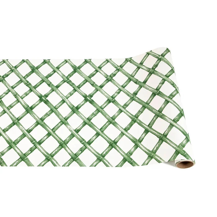 The Hester & Cook Green Lattice Runner (20x25") showcases a green lattice design on white—a stylish touch for creative gift wrapping or as a fresh alternative to traditional paper table runners.