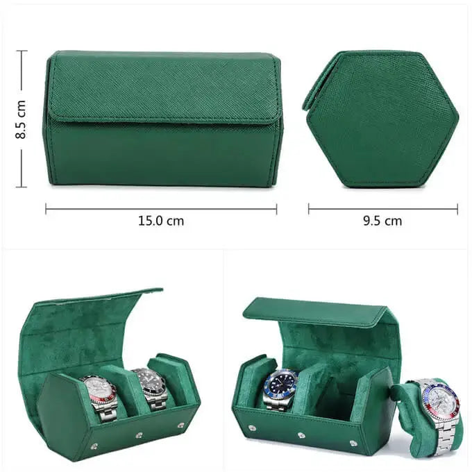 Luxury Green 2 Watch Travel Display Case-MOZSLY-5