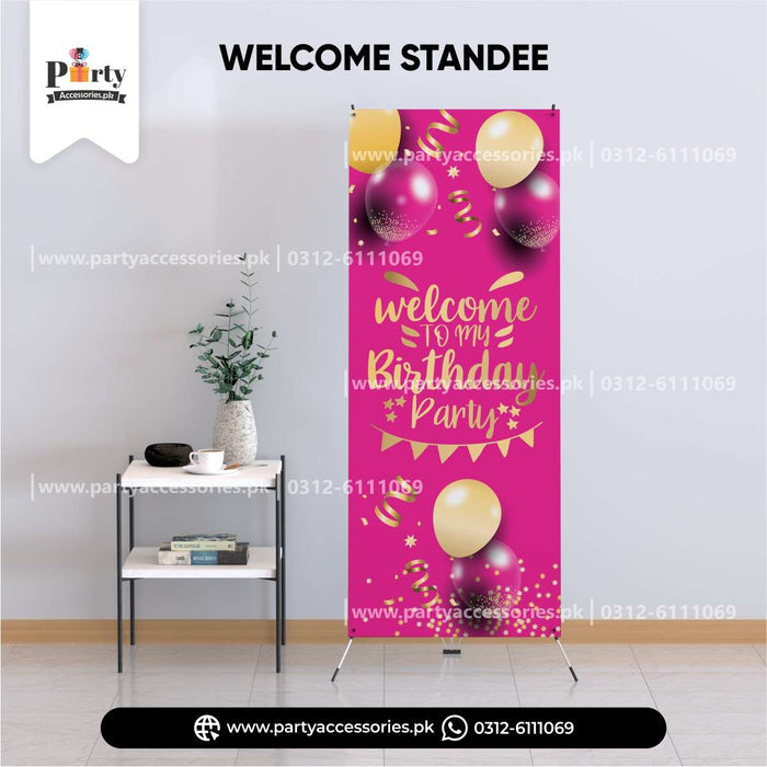 pink color welcome standee for birthday party