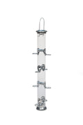 Sterling metal bird seed feeder with clear tube and hanging hook for garden wild birds