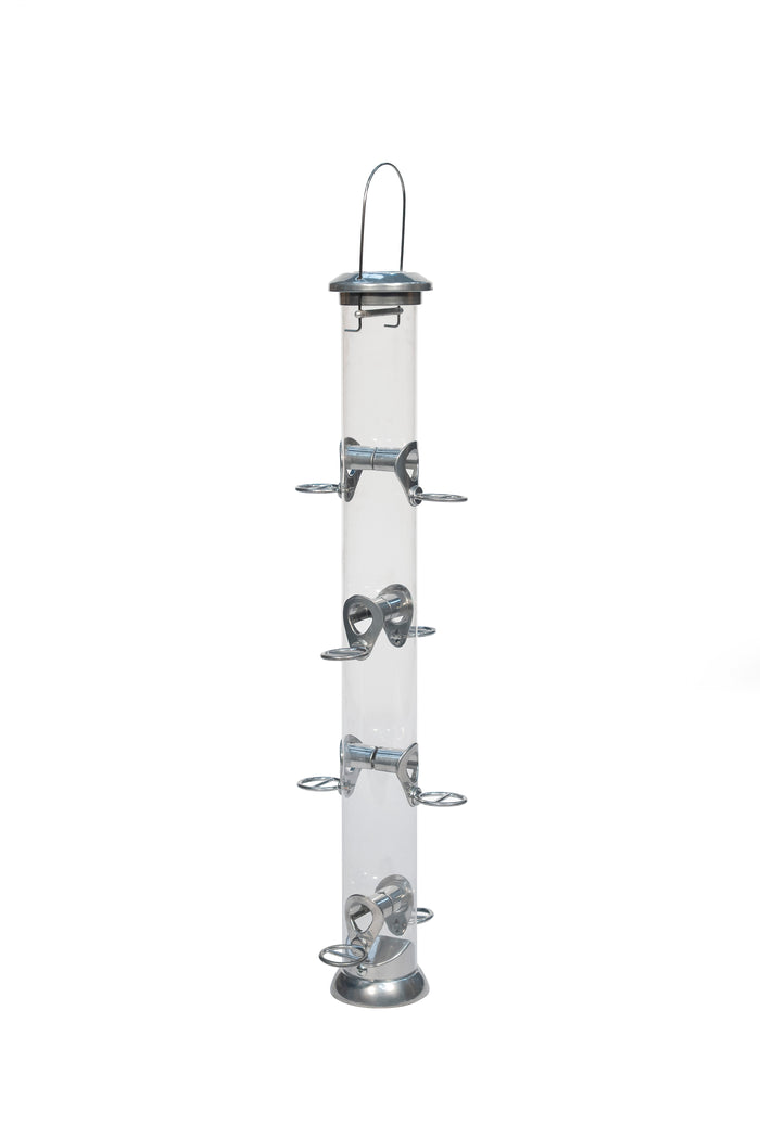 Sterling metal bird seed feeder with clear tube and hanging hook for garden wild birds