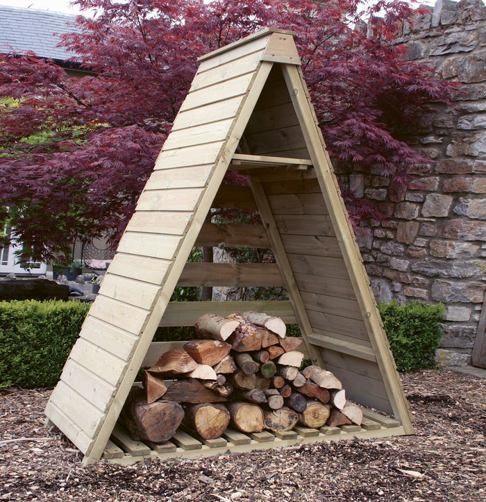 Slatted three-section wooden log store on raised base for garden firewood, natural timber finish