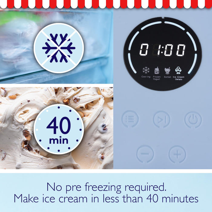 Digital timer and ice cream container with text indicating quick freezing time. - Buy Now Ice Cream & Dessert Maker
