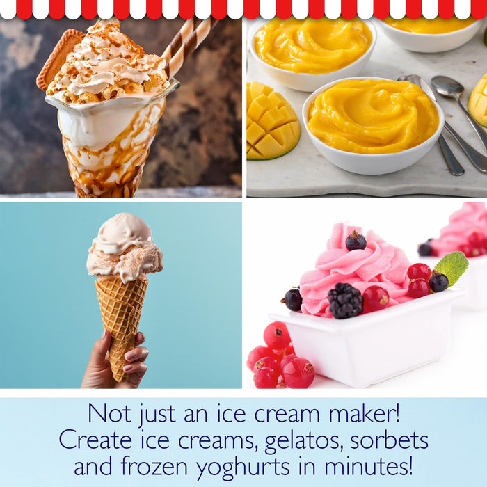 Collage of ice cream, gelato, sorbets, and frozen yoghurts with text promoting an ice cream maker. - Buy Now Ice Cream & Dessert Maker