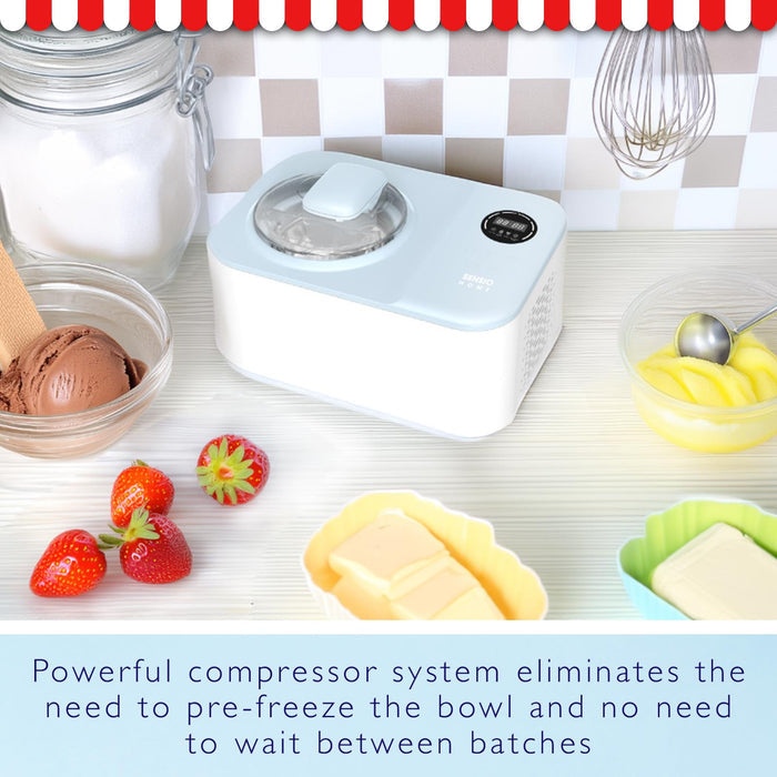 Yogurt maker on a kitchen counter with ingredients and text about its features. - Buy Now Ice Cream & Dessert Maker