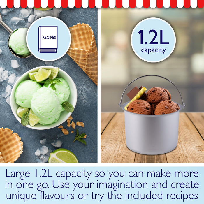 Green ice cream with waffle cones and a container of ice cream on a wooden surface. - Buy Now Ice Cream & Dessert Maker