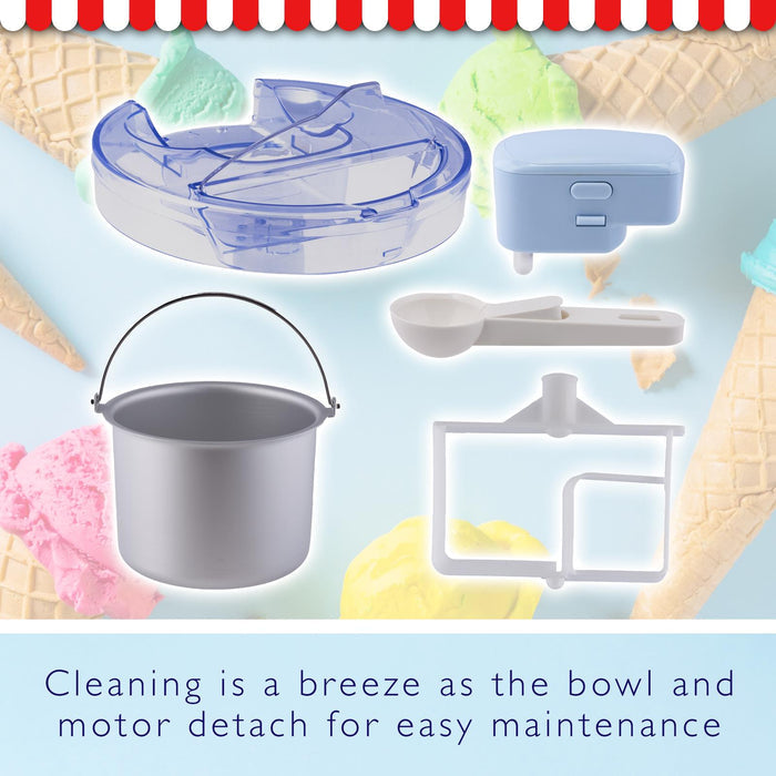 Ice cream maker components with text about ease of cleaning. - Buy Now Ice Cream & Dessert Maker