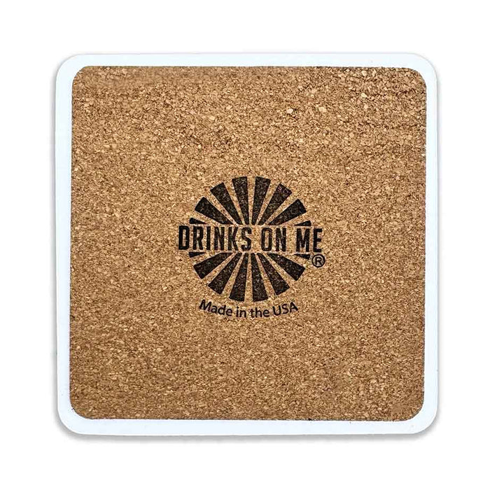 The Wine Improves Coaster by Drinks On Me is a square coaster with a white border and sunburst design, featuring "Wine Improves" in black. A funny housewarming gift made in the USA.