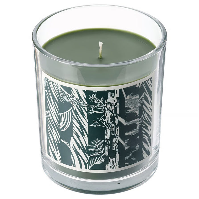 JAMTSKOGEN Scented candle in glass, Cypress & eucalyptus/dark green, 45hr
