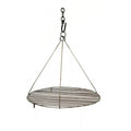 Cast iron swing grill barbecue with adjustable hanging chain over garden fire pit for outdoor cooking