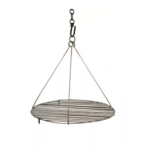 Cast iron swing grill barbecue with adjustable hanging chain over garden fire pit for outdoor cooking